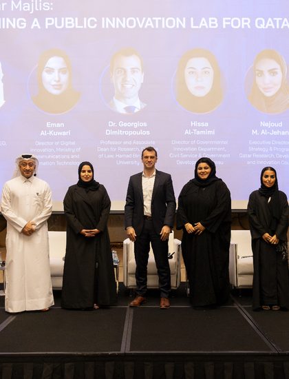 Speakers on stage at the Ibtechar Majlis, Imagining a Public Innovation Lab for Qatar