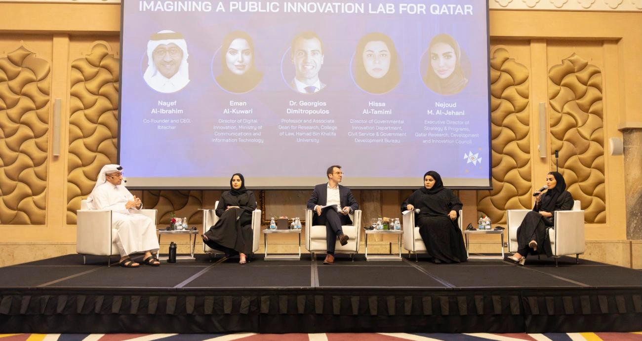 Panel on stage at the Ibtechar Majlis, Imagining a Public Innovation Lab for Qatar